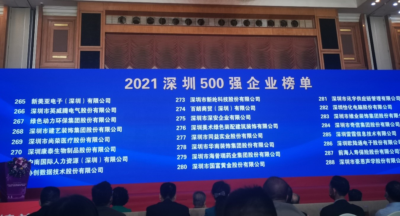 尊龙凯时人生就是博上榜2021深圳企业500强