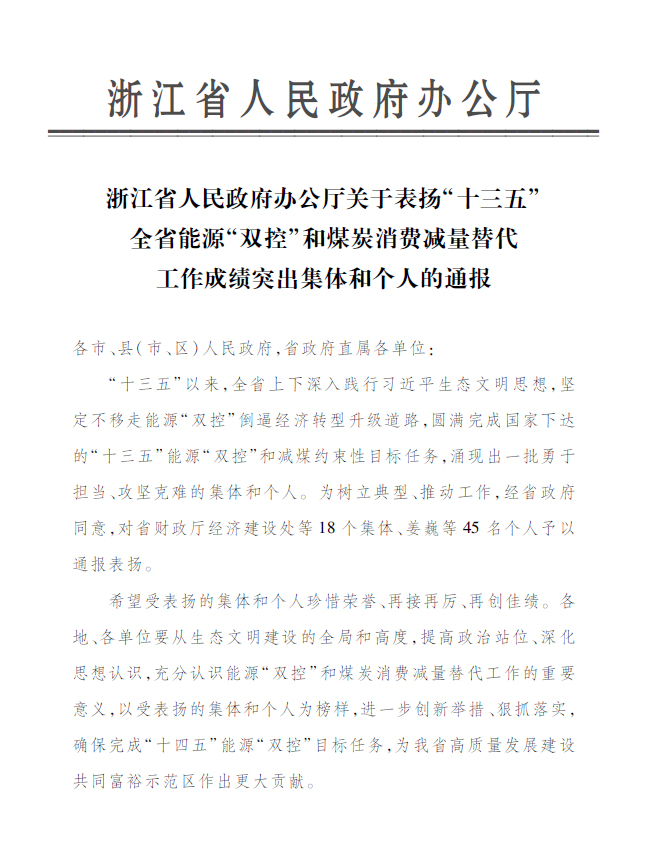 尊龙凯时人生就是博永嘉公司付金轩获“浙江省能源‘双控’工作成绩突出个人”表彰